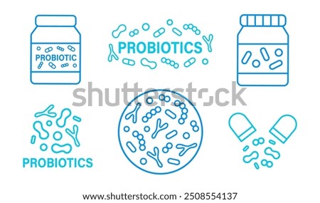 Probiotics bacteria capsules logo badge design outline icons set. Vector illustration. Medicine healthcare emblem collection