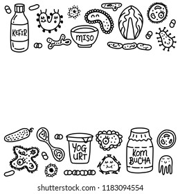 Probiotics bacteria, food and medicine set. Template with text. Gut bacterial flora. Fermentation products. Vector icon and logo. Microbiology background. Healthy nutrition ingredients.