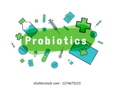 Probiotics bacteria logo. Prebiotic, Lactobacillus Vector Icon Design. Medical icons vector seamless pattern.White Background made from pills and capsules. Vector Illustration. 