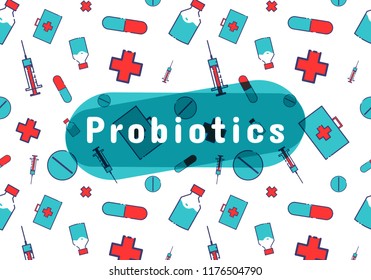 Probiotics bacteria logo. Prebiotic, Lactobacillus Vector Icon Design. Medical icons vector seamless pattern.White Background made from pills and capsules. Vector Illustration. 