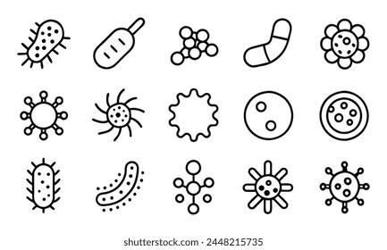 Probióticos microbios bacterianos iconos editables de contorno de trazo conjunto aislado en fondo blanco Ilustración vectorial plana. Píxel perfecto. 64 x 64