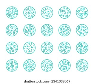 Probiotics bacteria, microbes, infection and pathogen cells concept editable stroke outline icons set isolated on white background flat vector illustration. Pixel perfect. 64 x 64.