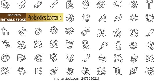 Probióticos bacterias, microbios, infecciones y células patógenas concepto editable trazo contorno icono 