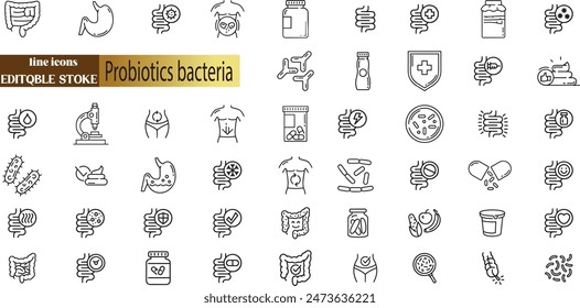 Probióticos bacterias, microbios, infecciones y células patógenas concepto editable trazo contorno icono 