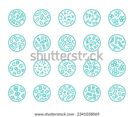 Probiotics bacteria, microbes, infection and pathogen cells concept editable stroke outline icons set isolated on white background flat vector illustration. Pixel perfect. 64 x 64.