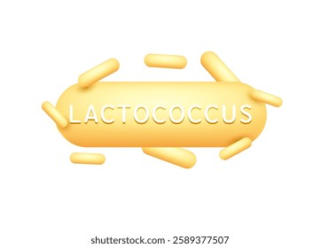 Probiotics bacteria yellow lactococcus. Icon 3D isolated on white background. Good bacterial flora for stomach and intestine. Health care immunity support. Vector EPS10.