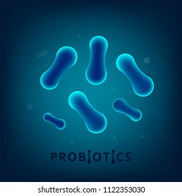 Probiotics bacterias. Therapeutic bacteria organisms. Healthy nutrition ingredien with lettering. Biological background. Vector illustration.