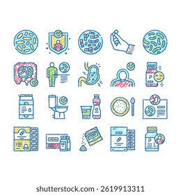 Probiotics Bacterium Collection doodle icons set vector. Dry Liquid Probiotics, Sorption Capsule, Lactobacillus, Bifidobacterium Lactococcus sketch hand drawn