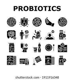 Probióticos Colección de íconos de bacteria Vector Set. Probióticos Secos Y Líquidos, Sorción Y Cápsula, Lactobacillus, Bifidobacterio Y Lactococcus Pictogramas De Glifo Ilustraciones Negras