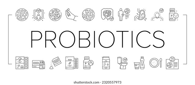 Probiotics Bacterium Collection Icons Set Vector. Dry And Liquid Probiotics, Sorption And Capsule, Lactobacillus, Bifidobacterium And Lactococcus Black Contour Illustrations