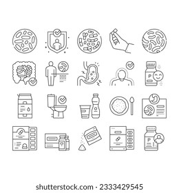 Probiotics Bacterium Collection Icons Set Vector. Dry And Liquid Probiotics, Sorption And Capsule, Lactobacillus, Bifidobacterium And Lactococcus Black Contour Illustrations