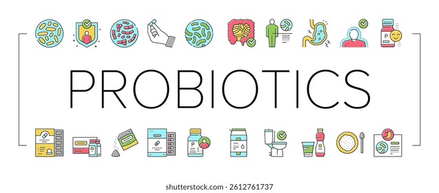 Probiotics Bacterium Collection Icons Set Vector. Dry And Liquid Probiotics, Sorption And Capsule, Lactobacillus, Bifidobacterium And Lactococcus Concept Linear Pictograms. Contour Color Illustrations
