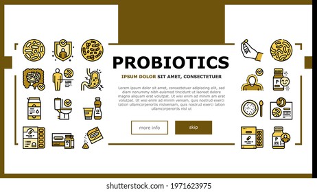 Probiotics Bacterium Landing Web Page Header Banner Template Vector. Dry And Liquid Probiotics, Sorption And Capsule, Lactobacillus, Bifidobacterium And Lactococcus Illustration