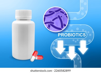 Probiotics banner template. Probiotic in capsule with digestive system. EPS10 vector