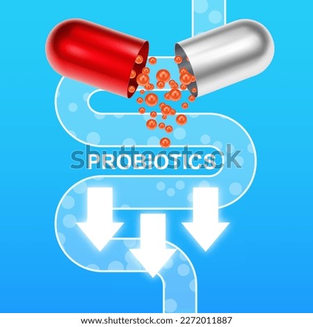 Probiotics banner template. Probiotic in capsule with digestive system. Microbiome elements with medical pill. Half parts with probiotics granules. EPS10 vector