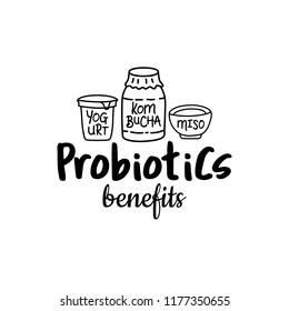 Probiotics benefits. Good bacteria, food and medicine. Gut bacterial flora. Fermentation products. Vector icon and logo. Microbiology background. Healthy nutrition ingredients.