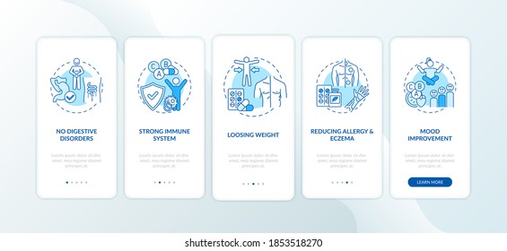 Probiotics benefits onboarding mobile app page screen with concepts. No digestive disorders, strong immunity walkthrough 5 steps graphic instructions. UI vector template with RGB color illustrations