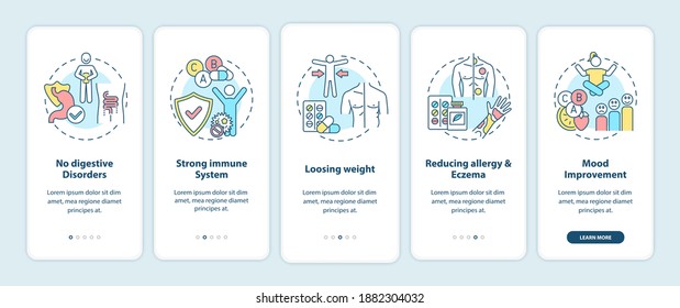Probiotics benefits onboarding mobile app page screen with concepts. No digestive disorders, losing weight walkthrough 5 steps graphic instructions. UI vector template with RGB color illustrations
