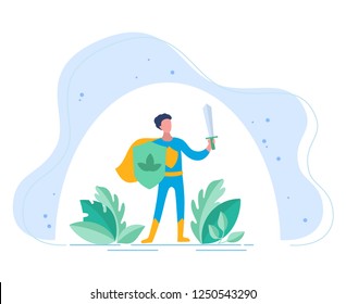 Probiotics benefits.The person with board and sword guards. Protection of a human body against an adverse effect of the outside world. Conceptual illustrations of probiotic within the human body 