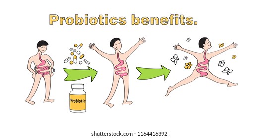 Probiotics benefits. Scheme of influence of probiotics on a human body. Conceptual illustrations of probiotics within the human body