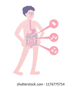 Probiotics benefits. Scheme of influence of probiotics on a human body. Conceptual illustrations of probiotics within the human body