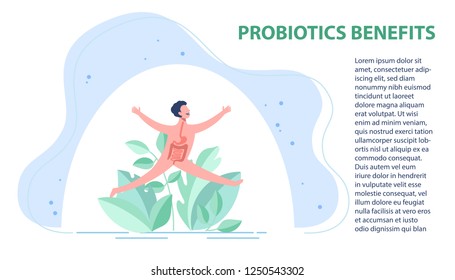 Probiotics benefits. Scheme of influence of probiotics on a human body. Conceptual illustrations of probiotics within the human body