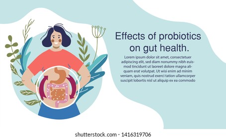 Probiotics benefits. Scheme of influence of probiotics on a human body. Probiotic health benefits vector infographic. Conceptual Hand drawn illustration