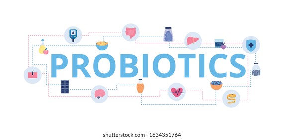Probiotics big letters and lactobacilli or bifidobacteria icons and symbols, flat vector illustration isolated on white background. Healthy microflora and dieting.