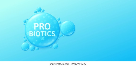 Probiotics blue drop water. Good bacterial flora for stomach and intestine. Create balance for the gut. Banner for dietary supplements healthy nutrition. Health care. Empty space for text. Vector.