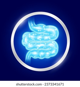 Probiotics blue inside small intestine. Biology lactobacillus good bacteria flora for stomach and intestine. Silver label for design dietary supplements healthy nutrition. Health care concept. Vector.