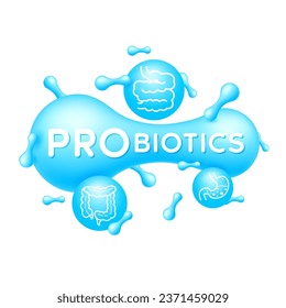 Probiotics blue and stomach, intestine. Good bacterial flora. Biology lactobacillus. Healthcare immunity support. Healthy nutrition. Icon 3D isolated on white background. Vector.