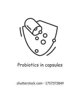 Probiotics in capsule icon.Probiotic supplement for healthy balance of gut bacteria, immune and digestive health.Human flora, medicine and healthcare concept.Linear vector illustration.Editable stroke