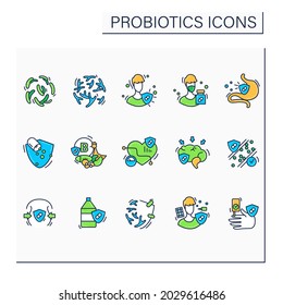 Probiotics color icons set. Good bacteria for human flora health. Microbiology, science, medicine and healthcare concept. Isolated vector illustrations