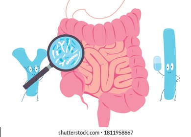 Probiotics concept. Probiotics examine the intestinal microflora. Editable vector illustration. 