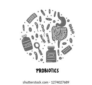 Probiotics concept. Round badge of treatment of digestive system symbols. Vector flat illustration. 