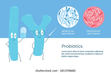 Probiotics concept. Probiotics study positive and pathogenic bacteria. Editable vector illustration. Template for your design.