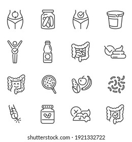Probiotics, dietary supplements thin line icons set isolated on white. Prebiotics, healthy digestion, vitamins outline pictograms collection. Capsules, intestines vector elements for infographic, web.