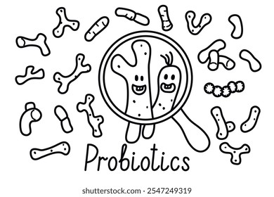 Probiotics doodle set isolated on white background.Various shapes of beneficial microorganisms and enlarged cartoon characters with faces.Vector graphic designs drawn with black  line.Coloring page.