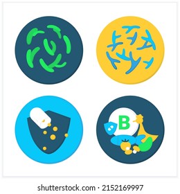 Probiotika flache Symbole gesetzt. Bifidobacterium, Lactobacillus, Tabletten, Vitamin B-Quelle. Medizin und Gesundheitswesen. Farbvektorgrafiken