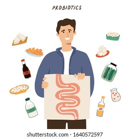 Probiotics food concept. Man prefers food that contains good bacteria, yogurt, kefir, tempeh and others. Hand drawn vector flat illustration