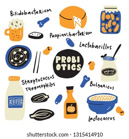 Probiotics. Food illustration in doodle style and names of probiotic bacteria. Vector