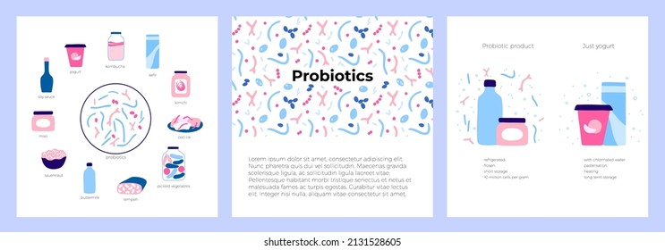 Probiotics and gastrointestinal health concept. Most common beneficial good bacteria and microorganisms. Healthy food, human gut microbiota. Set of medical infographics vector isolated illustration.