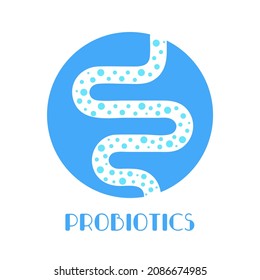 Probiotics. Good bacteria and microorganisms for human health. Microscopic probiotics, good bacterial flora. Silhouette with healthy intestine in a light blue color. Vector