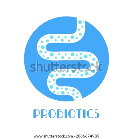 Probiotics. Good bacteria and microorganisms for human health. Microscopic probiotics, good bacterial flora. Silhouette with healthy intestine in a light blue color. Vector