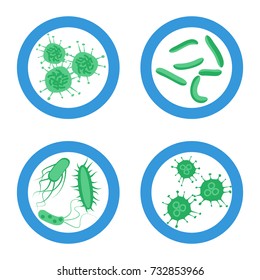 Probiotics Good Bacteria Sign Set. Stock Vector Illustration With Different Germs In Blue Circle Symbol. Flat Style.