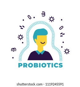 Probiotics Health Benefits Vector Illustration. Flat Minimalistic Icon About Probiotic Influence To Human Body. Man Portrait With Immune System Shield Activated From Bad Bacteria.