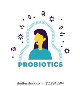 Probiotics health benefits vector illustration. Flat minimalistic icon about probiotic influence to human body. Woman portrait with immune system shield activated from bad bacteria.