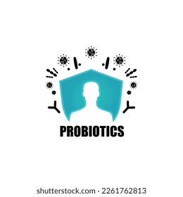 Probiotics health benefits vector illustration. Flat minimalistic icon about probiotic influence to human body. Woman portrait with immune system shield activated from bad bacteria.