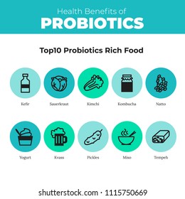 Probiotics health benefits vector infographic. Flat stroke illustration about nutrient rich food and how probiotics influences human body. Top 10 probiotics rich food.