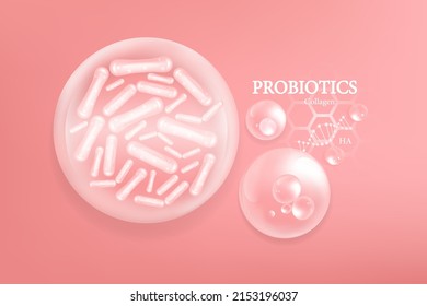 Probiotics and Hyaluronic acid skin solutions ad, pink vitamins serum drop with cosmetic advertising background ready to use, illustration vector.